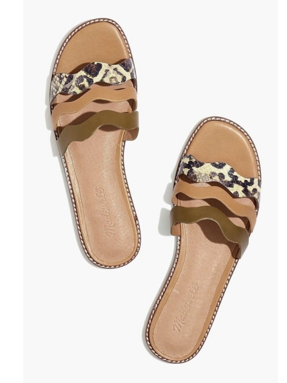 Wavy Strap Leopard-Accent Slide Sandals - Tan/Olive size 8.5